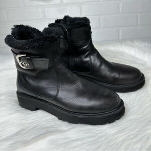 Zara Shoes Zara Leather Buckle Faux Fur Lined Moto Boots Sz